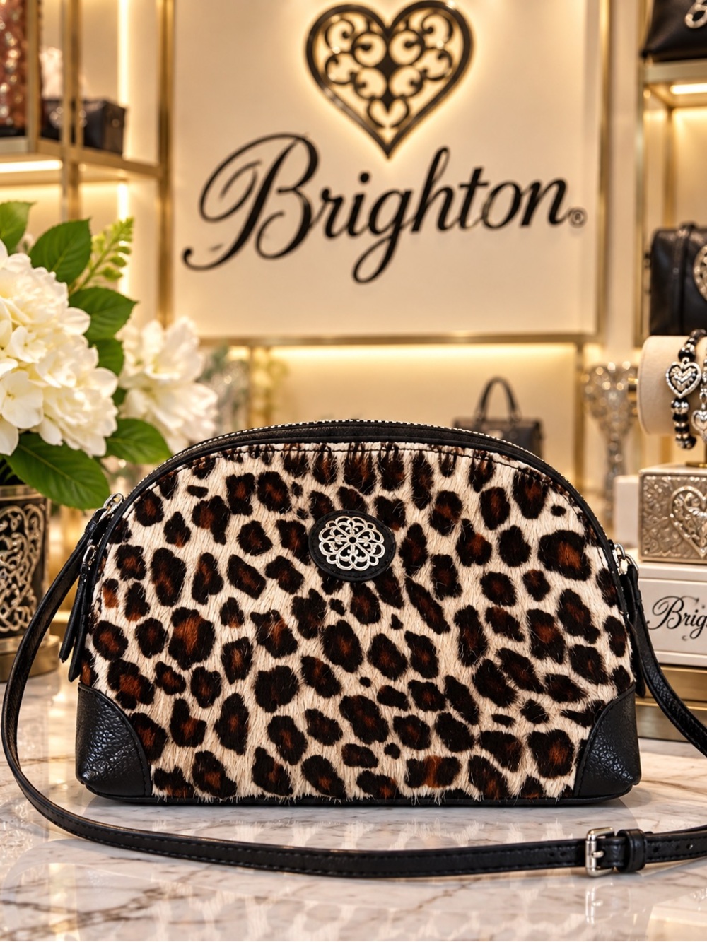 Brighton Ferrara collab leopard print calf hair dome crossbody bag